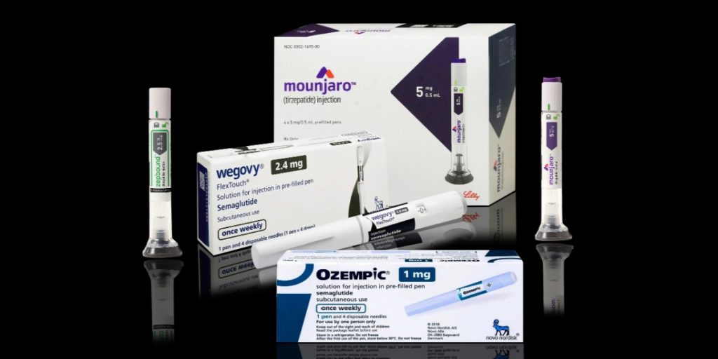 Injection pens and packaging boxes of weight-loss and type 2 diabetes medication Mounjaro, Wegovy, Ozempic
