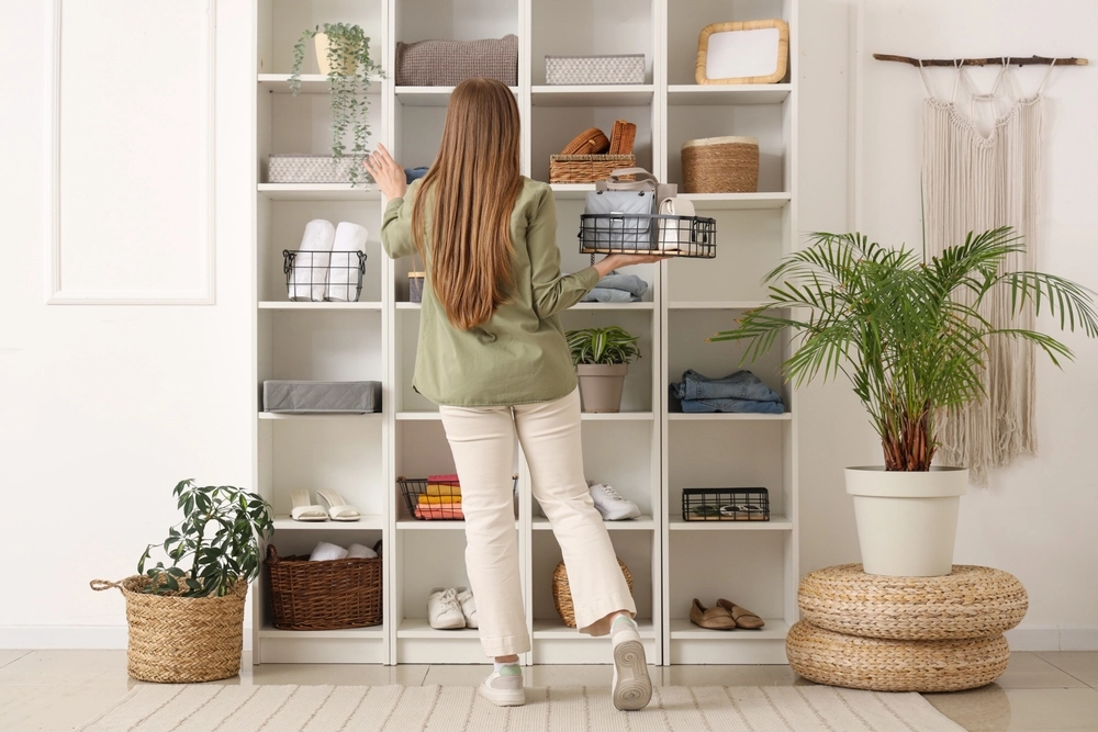 Woman organizing shelf / kvinde organiserer hylder