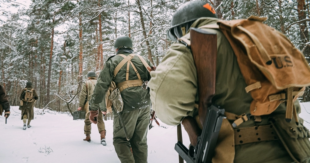 Heroes,Of,War.,Re-enactors,Dressed,As,American,Infantry,Soldier,Marching, Cold war, kolde krig