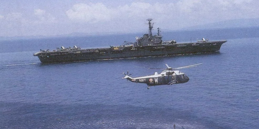 INS Vikrant (R11) with a Sea King helicopter during Indo-Pakistani war of 1971