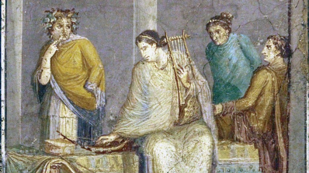 Woman tuning a cithara and sambika (Pompeii, 1st century AD)
