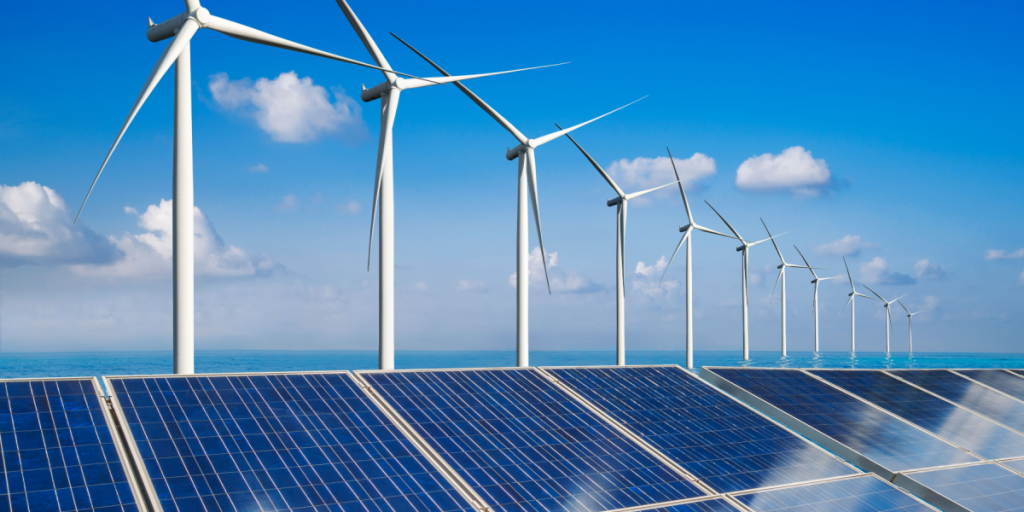 Solar panels, wind turbines, renewable energy, green transition