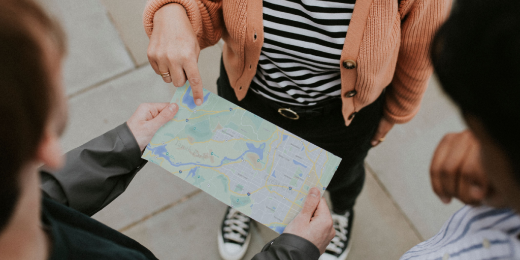 Map, tourists, asking for direction