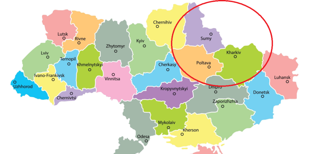 Ukraine, map, regions, Sumy, Kharkiv, highlight