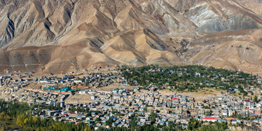 Kargil was the war zone of India Pakistan war in 1999. Aerial view of Kargil town, India