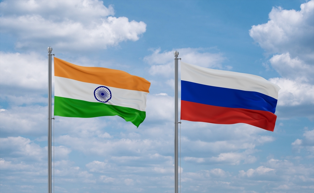 Russian,Federation,And,India,Flags,Waving,Together,In,The,Wind, Rusland, Indien, flag