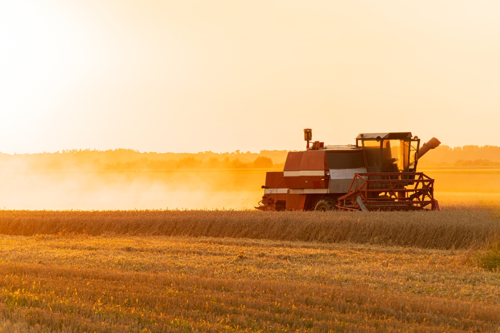 Agricultural,Harvester,Harvesting,In,The,Field,At,Sunset.,Harvesting,With