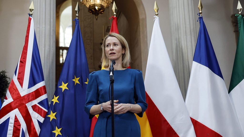 Kaja Kallas speaking at a Ministerial Meeting on European Security and Ukraine