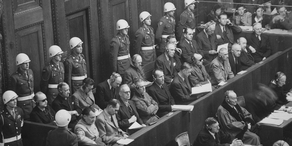 Nuremberg Trials: looking down on the defendants' dock. Ca. 1945-46.