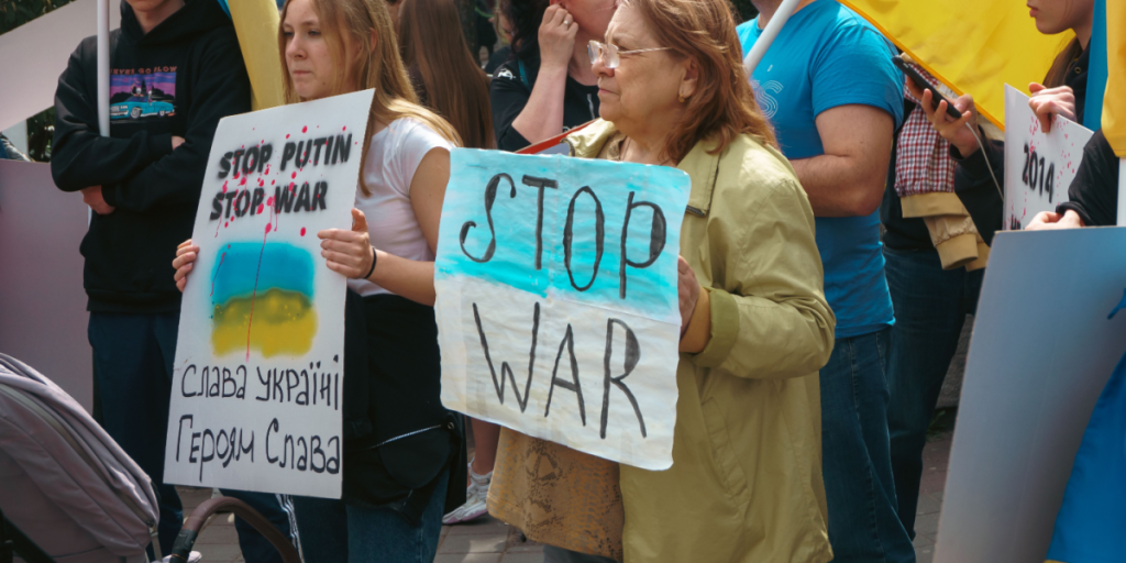 People with flags in Budapest gather to support Ukrainians and stop the war started by russia