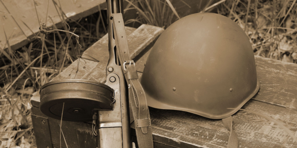 Soviet Russian Military Ammunition Weapon Of World War II. PPSh-41 Submachine Gun . Weapon Of Red Army.