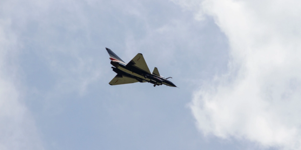 Chengdu J-10 Fighter Jet Of Chinese Air Force In Aerial Demonstration At Singapore Airshow.