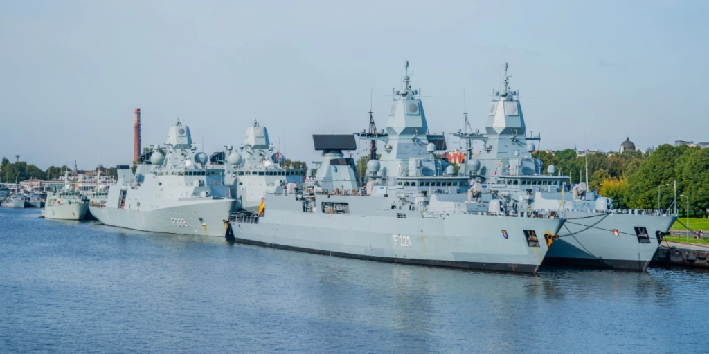 Navy battle ship fleet ready for NATO military exercises and trainings parked at port in Riga, Latvia
