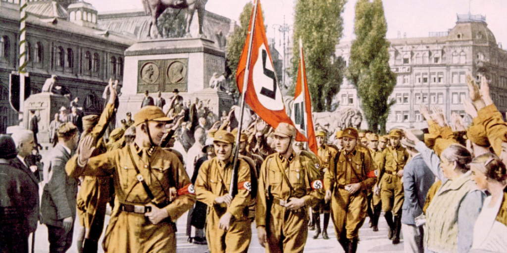 Nazi Germany, German Nazi activist Horst Wessel marching at the head of his storm troopers in Nuremberg, 1929.