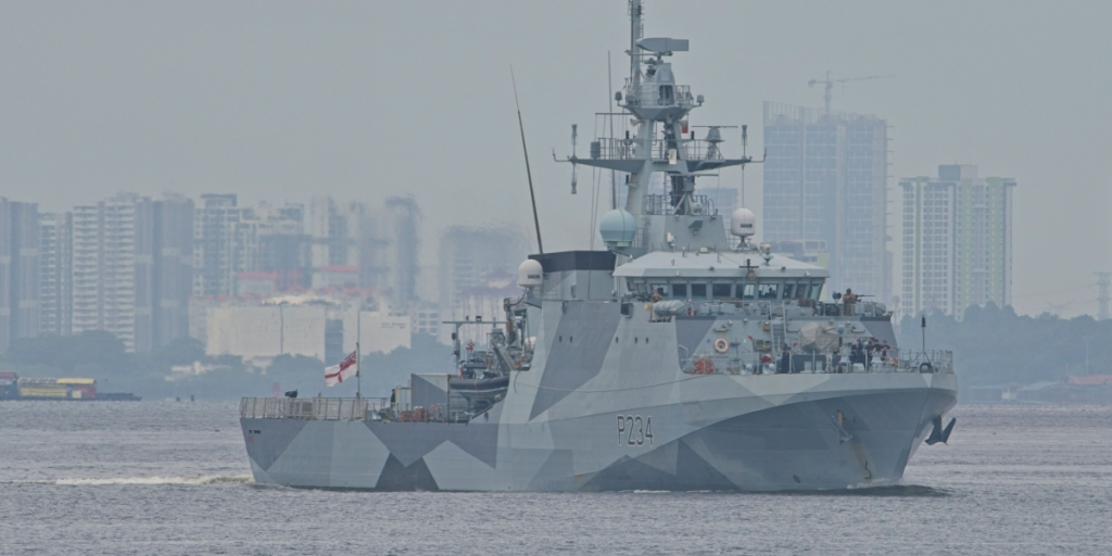 Royal Navy HMS Spey (P234) , a River-class offshore patrol vessel transiting Johor Straits.