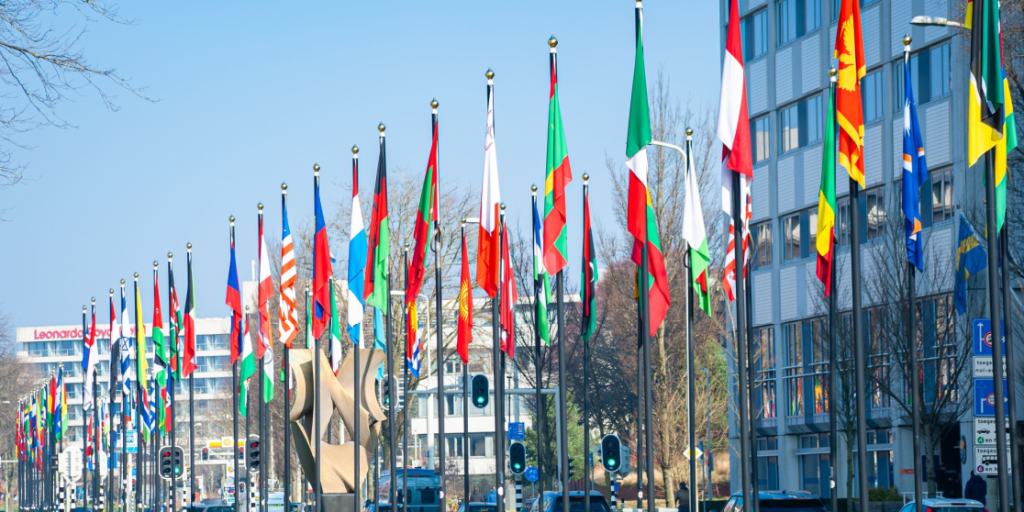 International flags on te Johan de Wittlaan in te Hague, close to te World Forum where te 2025 NATO Summit will be held.