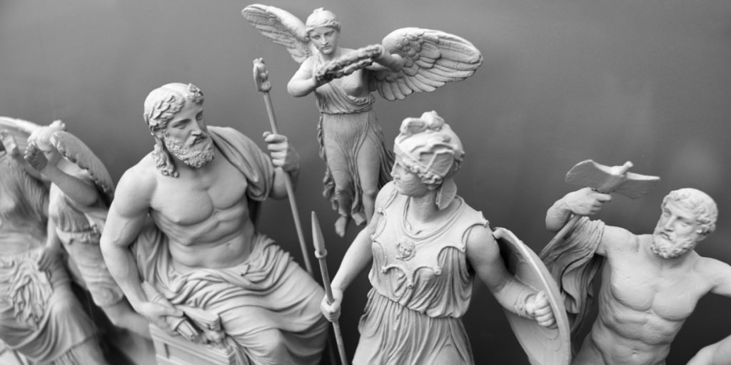 Statues of ancient gods Zeus, Hermes and Athena
