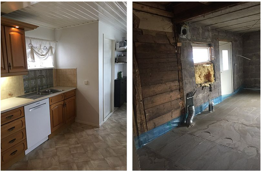 Kjøkken før og etter, renovering, kitchen before and after, renovation