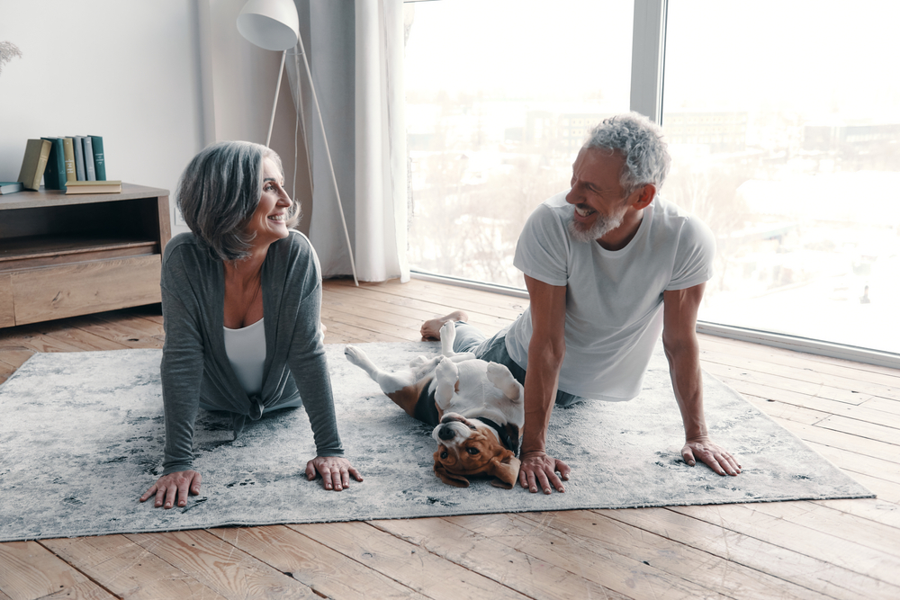 Couple,yoga,dog,par,hund