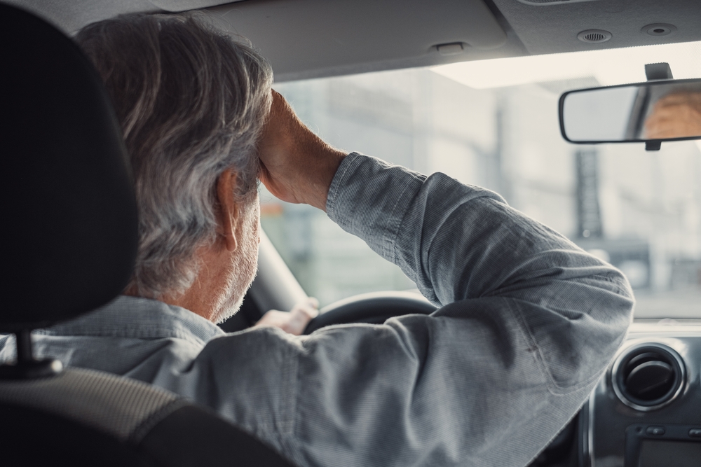 Stressed,Old,Businessman,Feeling,Headache,In,Car,,Stop,The,Car,