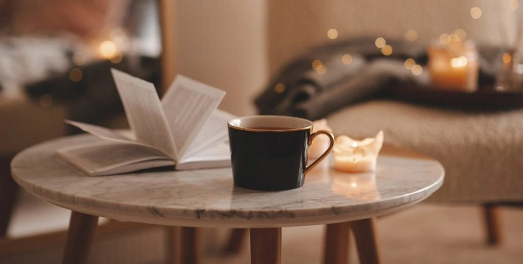Cup,Of,Tea,With,Paper,Open,Book,And,Burning,Scented. reading
