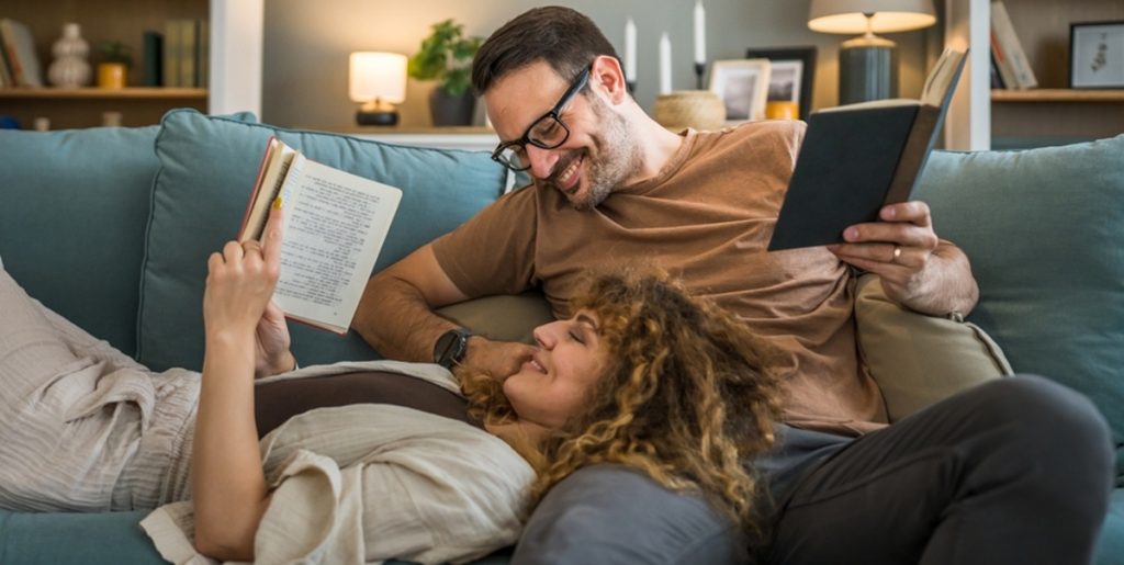 Adult,Couple,Man,And,Woman,Caucasian,Husband,And,Wife,In, book, reading
