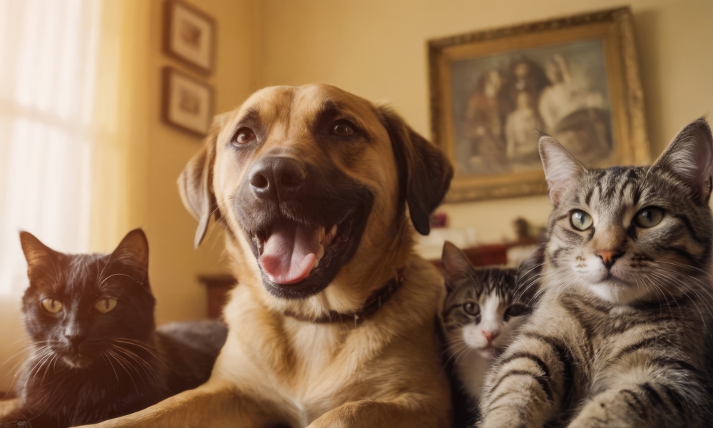 Cheerful,Family,Of,Domestic,Dogs,And,Cats.