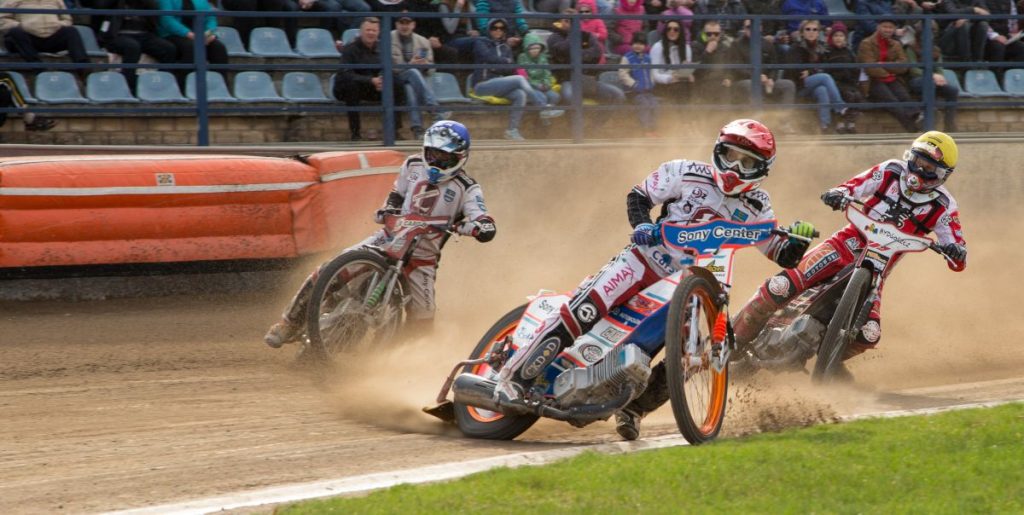 Speedway riders on the track in match of polish NICE league Lokomotiv