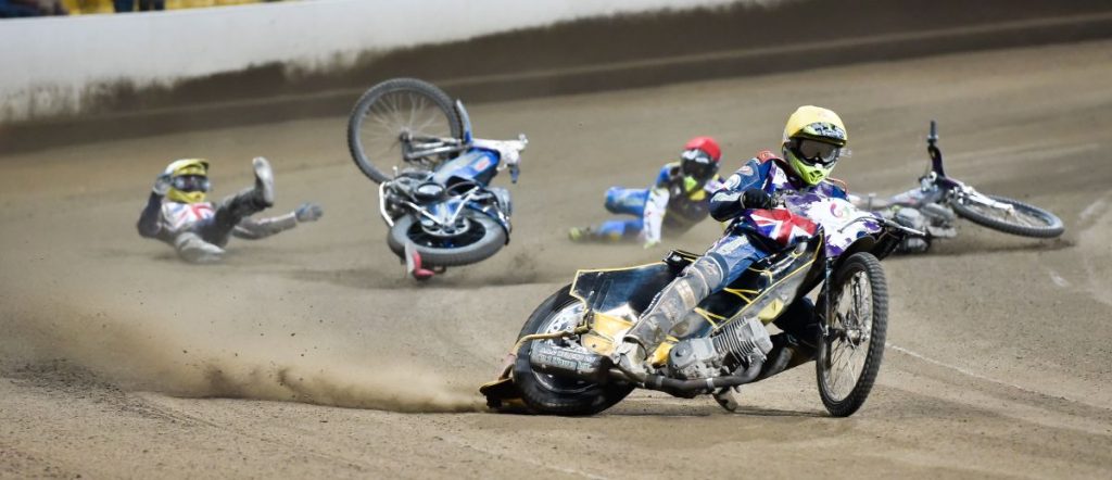 Speedway couple turnament race Sweden - United Kingdom during The World Games 2017. In action Craig Cook (W), Fredrik Lindgren (R) and Steve Worrall (Y).
