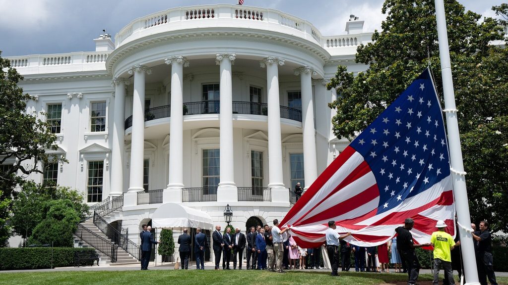 President Donald Trump Raises New American Flag on South Lawn of the White House