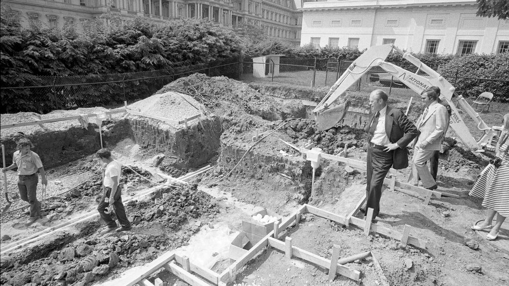 President Ford Surveying the Construction Site of the New White House Swimming Pool
