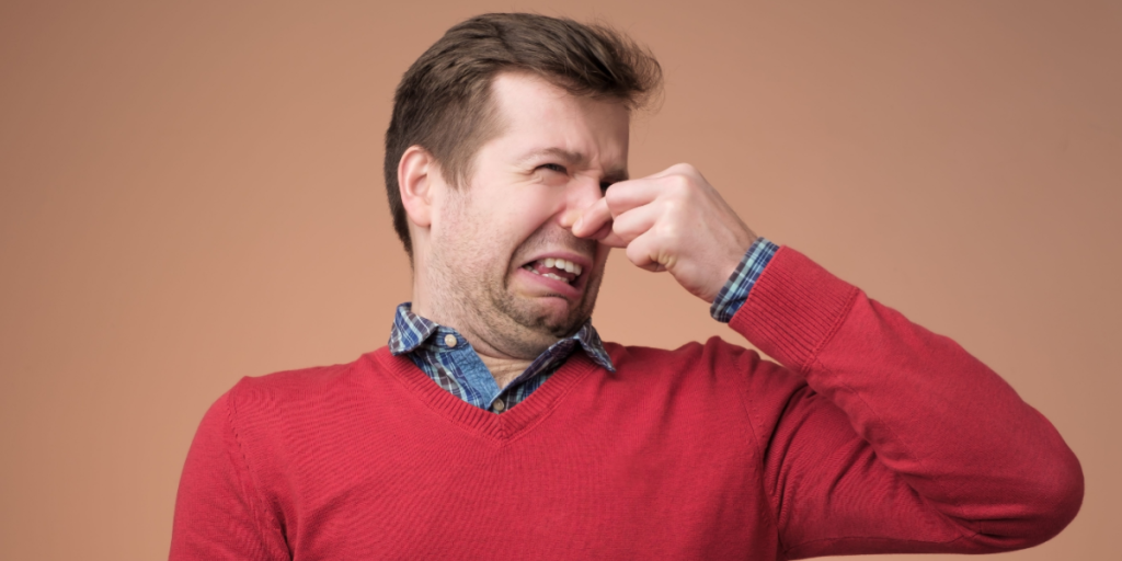 Smell, holding nose, man