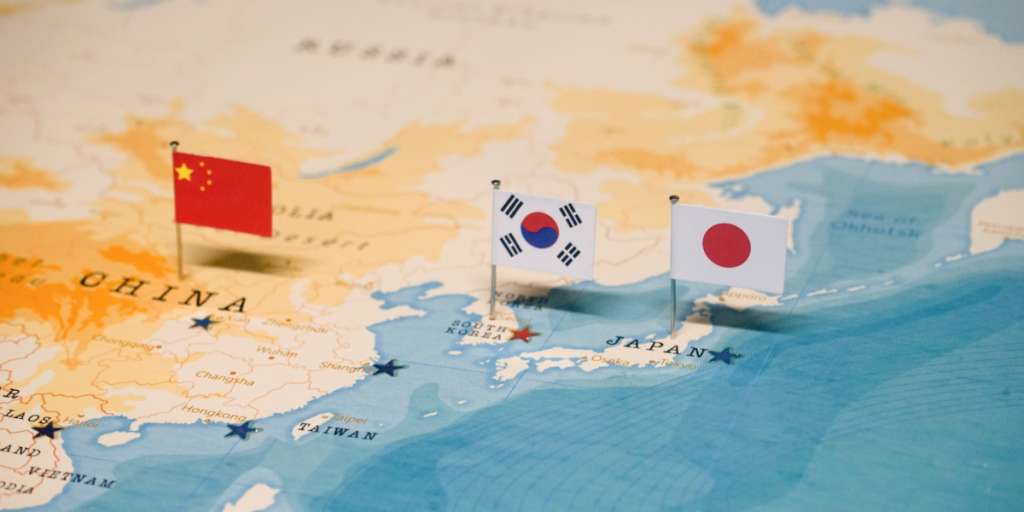 China, Japan, Korea, map, flags