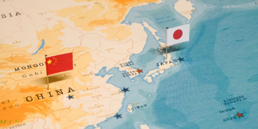 Japan, China, map, flags