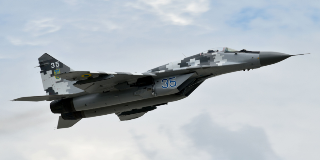 The Ukrainian fighter jet MiG-29 in flight. Combat aircraft