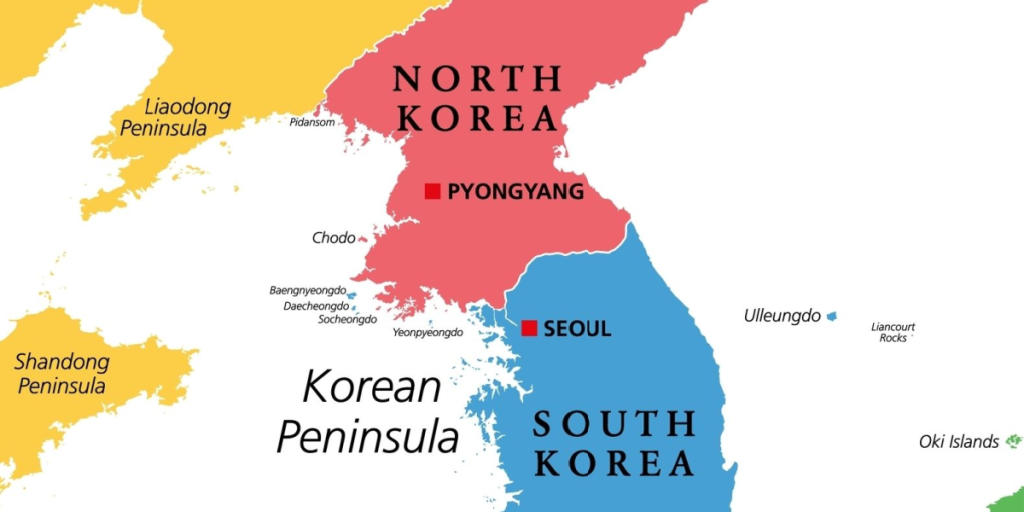 Nortk Korea, South Korea, map