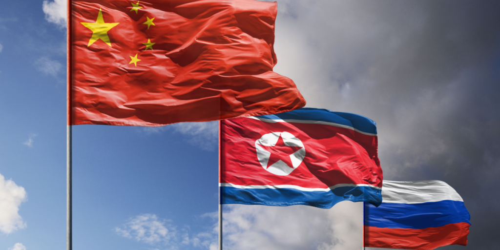 China, North Korea, Russia, flags
