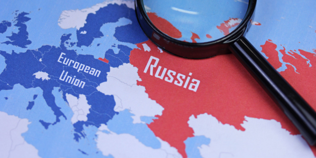 EU, Russia, magnifying glass, map