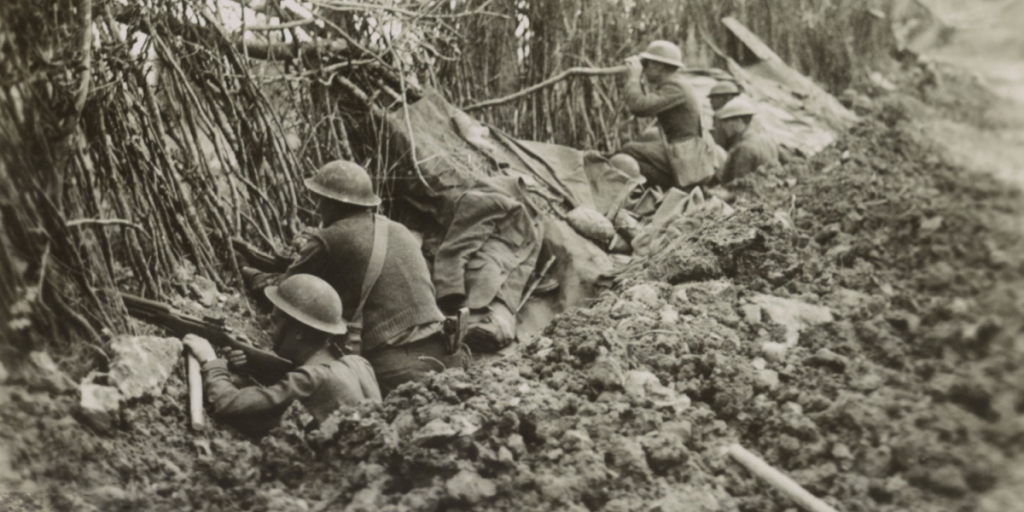 American soldiers in front line trench during the Meuse-Argonne Offensive, France, World War1. They are about 1200 yards from the German line on Oct. 3, 1918 as they occupy a camouflaged trench abando, WW1