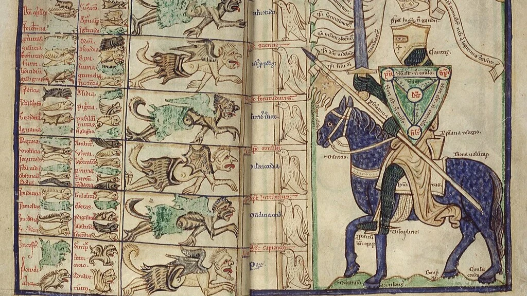 A Knight's battle with Vices,[Whole opening] A symbolic diagram showing a knight on horseback, with a shield having a device symbolic of the Trinity.