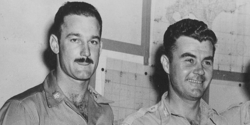 Left to right: Major Thomas W. Ferebee, Bombardier; Col. Paul W. Tibbets, Jr. Pilot, Hiroshima, Enola Gay