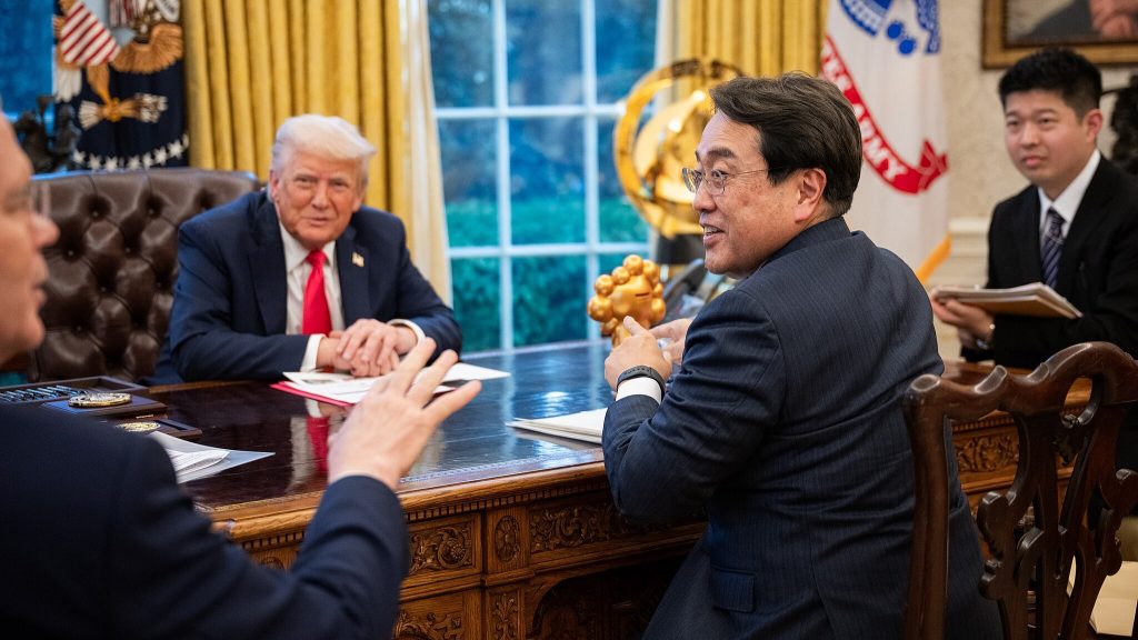 President Donald Trump meets with the Japanese Minister of State for Economic and Fiscal Policy Ryosei Akazawa