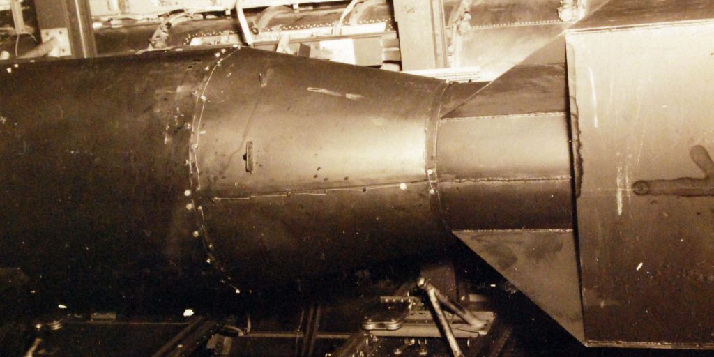 Tinian Island, August 1945. Atomic bomb, Little Boy, in bomb bay of B-29 Superfortress, Enola Gay