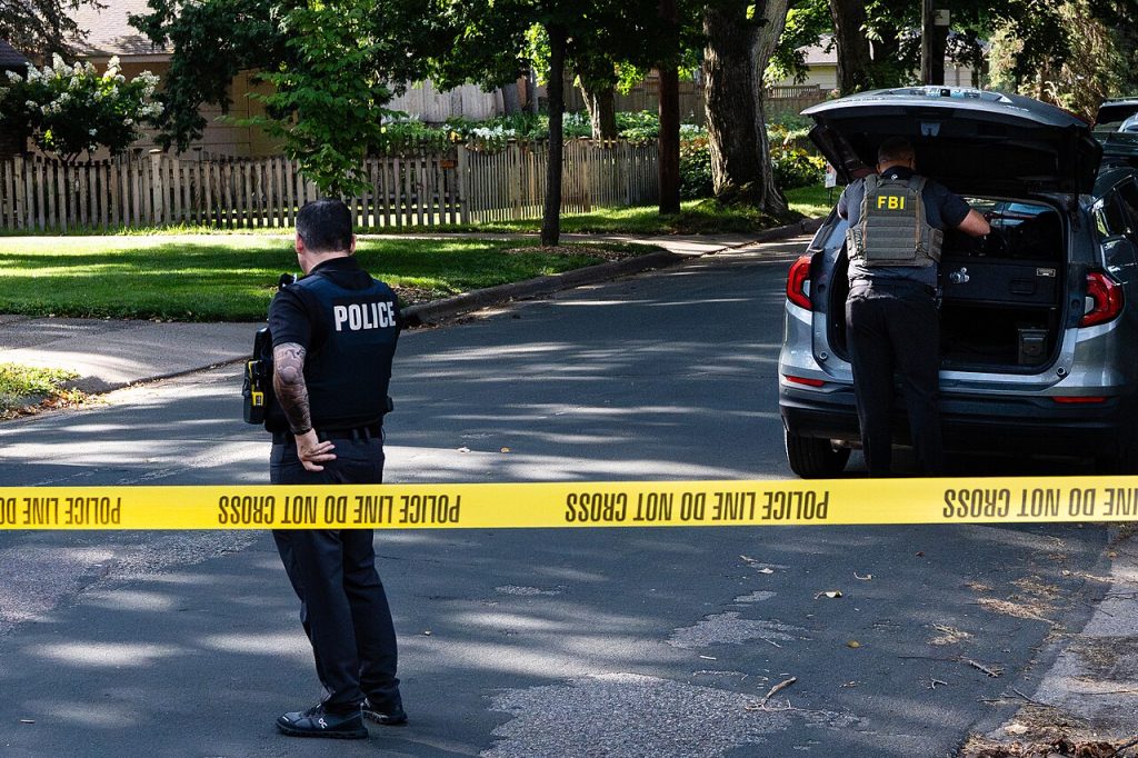 Police at Annunciation Catholic School in Minneapolis on August 27, 2025 following a mass shooting that killed 2 children and injured 17 others, 14 of them children.