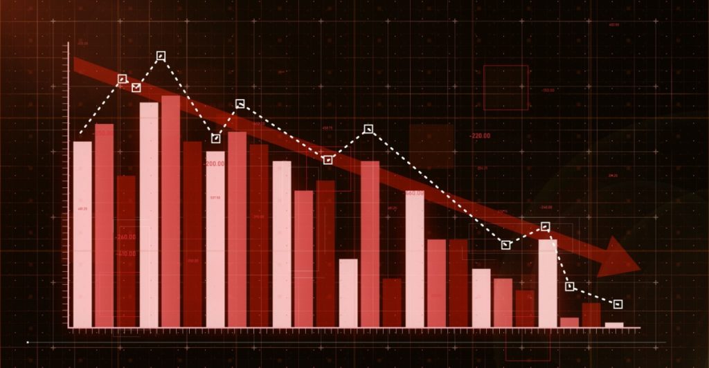 Graph downwards trend, revenue down, graf nedadgående, statistik