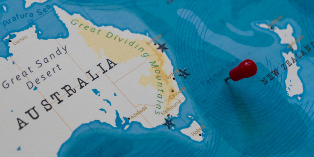 Tasman Sea, Australia, New Zealand, map, pin