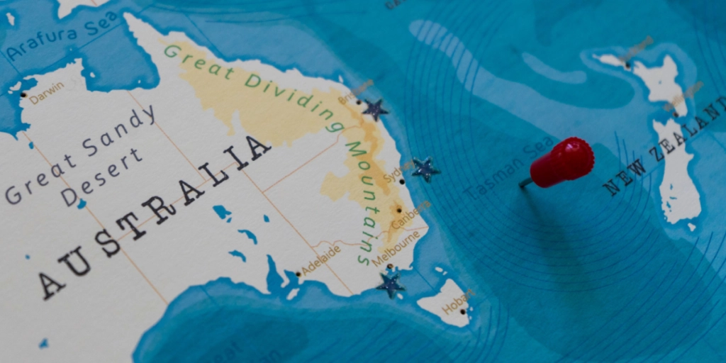 Tasman Sea, Australia, New Zealand, map, pin