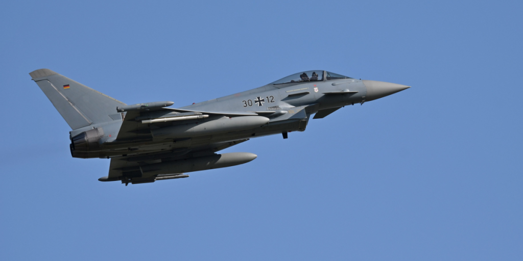 Eurofighter 30+12 of the Tactical Air Force Wing 71 "Richthofen" after take-off from the Air Base Kronskamp in Mecklenburg-Western Pomerania, Germany