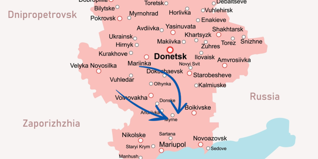 Myrne, Donetsk, Donbas, Ukraine, map