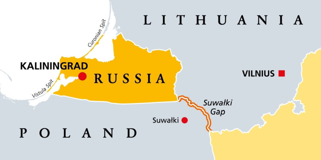 Suwalki Gap, political map. Also known as the Suwalki Corridor, the border starting from the Russian exclave Kaliningrad Oblast to Belarus, between Lithuania and Poland, near the Polish town Suwalki.